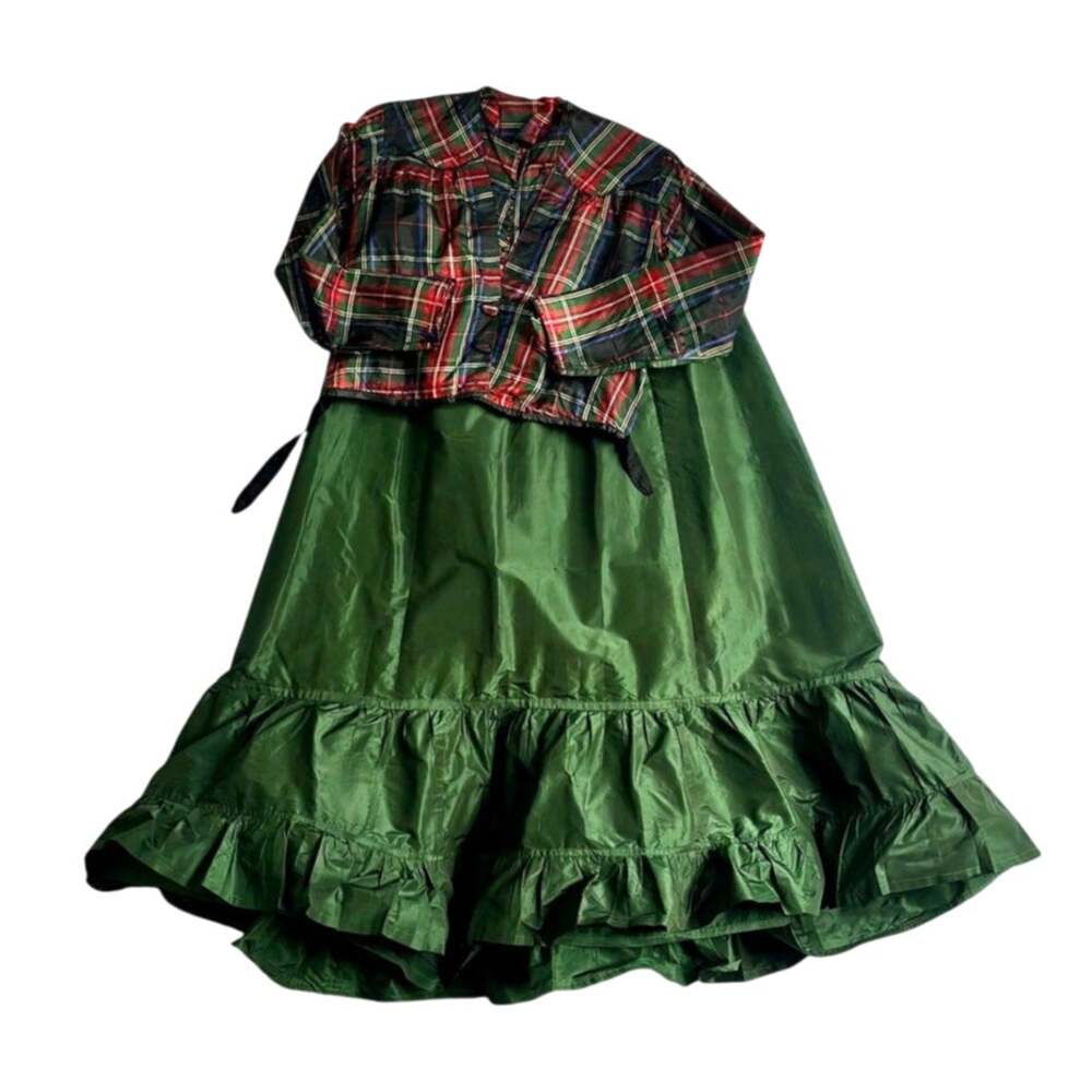 Antique Victorian Silk Skirt & Plaid Blouse Set Green Red Christmas 1890s As-Is